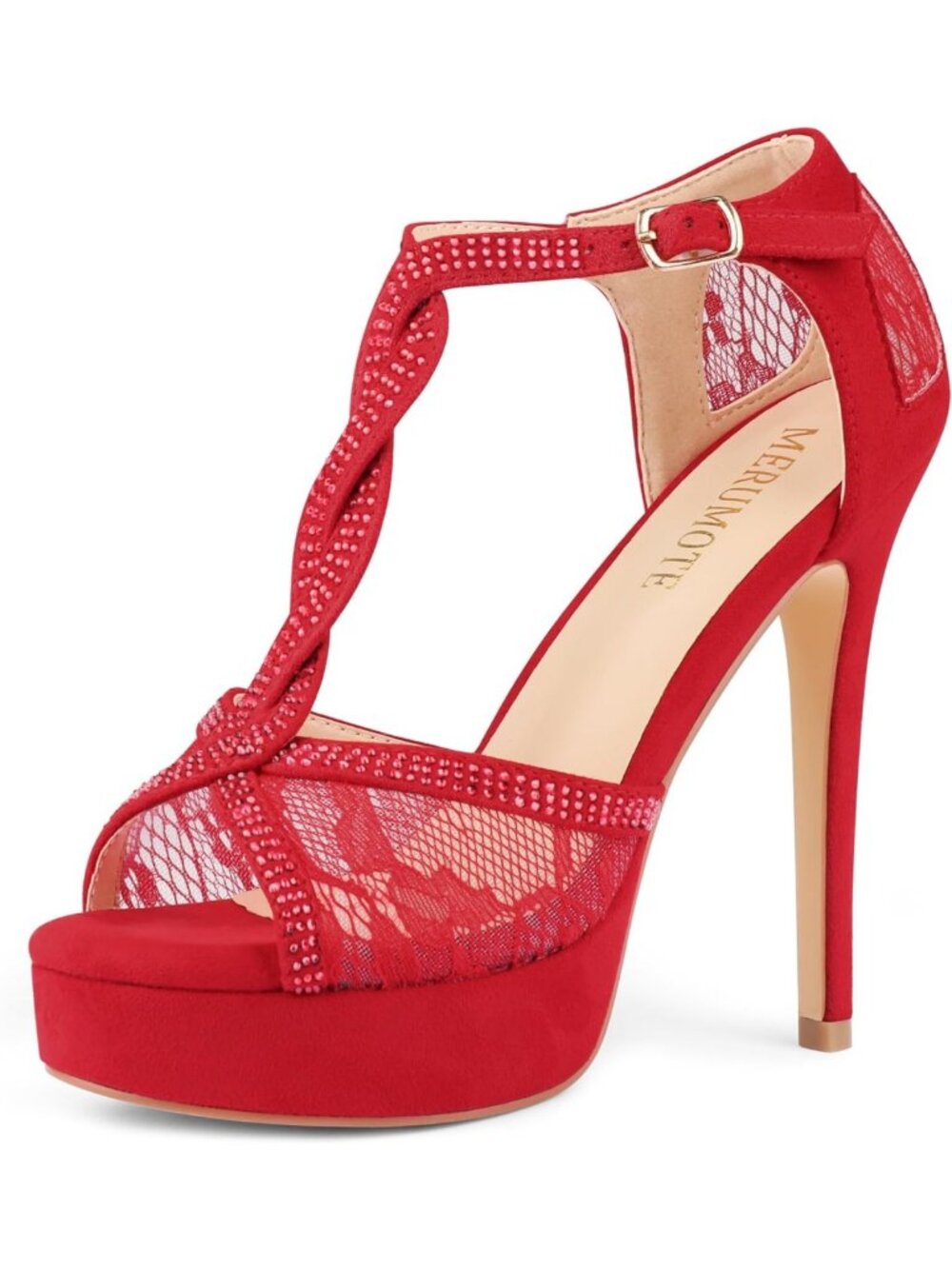 Chic Peep Toe Platform Stilettos with Rhinestones & Lace - Women's Heels